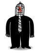 man with cage with red  bird in head