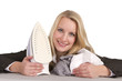 Smiling Businesswoman With Iron And Laundry