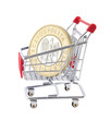 Shopping cart with polish coin on white background