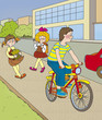 Boy on bike rides quickly along the sidewalk, correct? Boy on bike rides quickly along the sidewalk, correct?