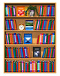 Ilustração: Wooden bookcase with lot of color books Wooden bookcase with lot of color books