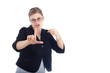 Woman gestures loser sign