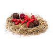 Christmas wreath with ornaments on white background.