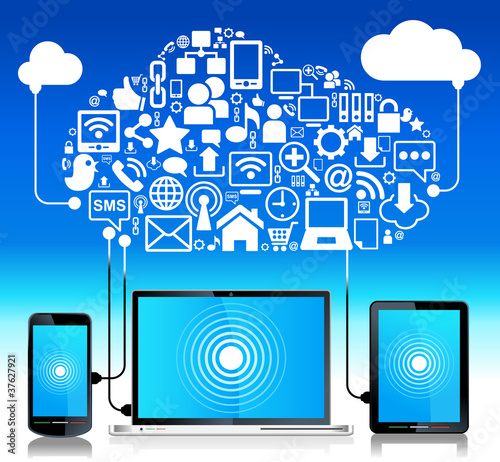 Vector: Global connection laptop phone tablet Global connection laptop phone tablet