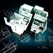 Designer Modern building on blueprints