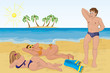 Man met two sunbathing girls on the beach Man met two sunbathing girls on the beach