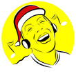 homme bonnet de père noel souriant écoute musique homme bonnet de père noel souriant écoute musique