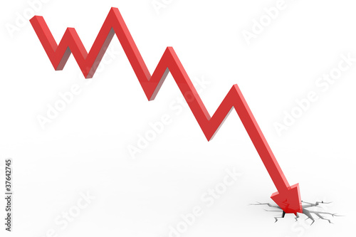 Illustration: Red arrow breaking floor. Concept of bankruptcy, financial coll Red arrow breaking floor. Concept of bankruptcy, financial coll
