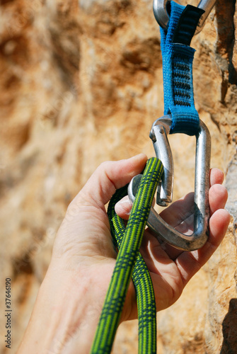 Photo: A climbers rope and quick-draws A climbers rope and quick-draws