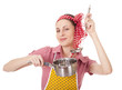 Photo: Playful housewife with ladle and pan Playful housewife with ladle and pan