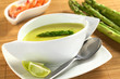 Cream of green asparagus with shrimps in the back Cream of green asparagus with shrimps in the back