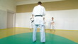 Martial arts instructor training  students in gym