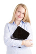 Happy Woman Cuddling Touchpad Tablet