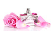 Photo en ligne au meilleur prix Perfume and pink roses on white background