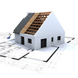 House in construction and blueprints