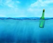 3d floating bottle with message on the ocean