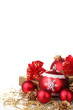 beautiful red Christmas balls, gifts and cones isolated on white beautiful red Christmas balls, gifts and cones isolated on white