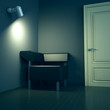 Illustration: Dark interior with door and sofa and light from electric lamp Dark interior with door and sofa and light from electric lamp