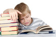 The boy reads the book isolated on white