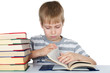 The boy reads the book isolated on white