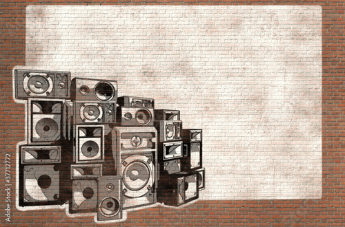 Illustration: speakers graffiti on brick wall speakers graffiti on brick wall