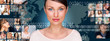 A young pretty woman against world map on background with many d