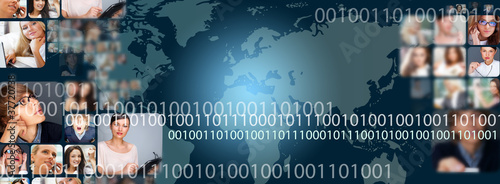 Foto: Graphic design background. World map and photo of different peop Graphic design background. World map and photo of different peop