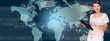 Portrait of young woman standing in fron of big world map and us Portrait of young woman standing in fron of big world map and us