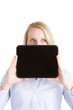 Up Looking Woman Hiding Behind Touch Pad Tablet