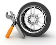 Wheel and Tools. Car service. Isolated 3D image