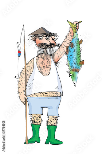 Illustration: Hairy fisherman and hairy fish, cartoon Hairy fisherman and hairy fish, cartoon