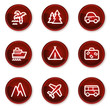 Travel web icons set 1, dark red circle buttons