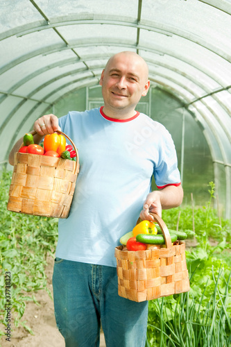 Photo: man with baskets of vegetables man with baskets of vegetables