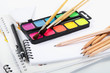 Albums with water colour paints and pencils Albums with water colour paints and pencils