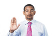 Hispanic man taking oath or pledge hand raised