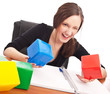 Caucasian student playing cubes on isolated white background