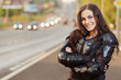 portrait young charming woman standing roadside