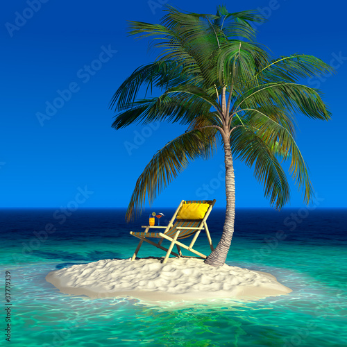 Illustration: A small tropical island with a beach chaise longue A small tropical island with a beach chaise longue