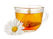 a cup of fragrant green tea with a triangular teabag