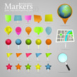 Markers, globe, map and magnifying glass.