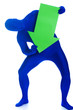 faceless man holding an arrow pointing down.