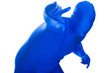 faceless, anonymous man in blue body suit with rocker sign.