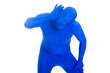faceless anonymous man in blue body suit hard of hearing