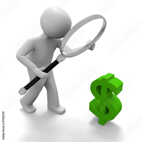 Illustration: 3d Männchen nimmt Dollarzeichen unter die Lupe 3d Männchen nimmt Dollarzeichen unter die Lupe