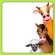 cute brown cow, horse and white sheep