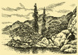 Vector drawing. Man on a rocky beach Vector drawing. Man on a rocky beach
