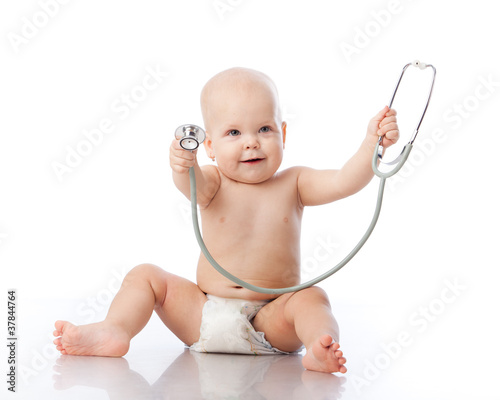 Photo: Baby with stethoscope. Baby with stethoscope.