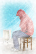 Freezing man indoors heating radiator falling snow