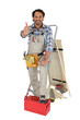 Photo: cabinetmaker thumb up with foot resting on toolcase cabinetmaker thumb up with foot resting on toolcase