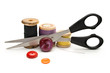 Thread bobbin, scissors and buttons on white